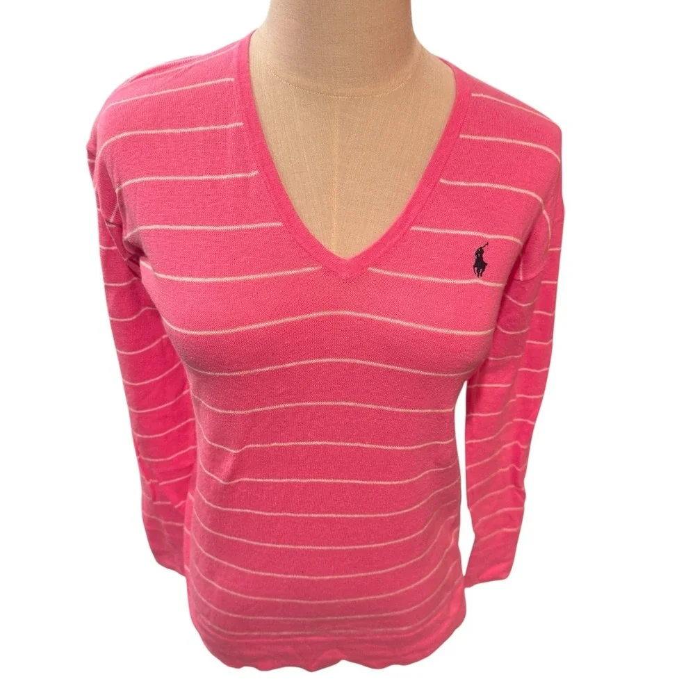 Polo Ralph Lauren Pink Striped V Neck Long Sleeve Sweater‎ Top S Cotton Linen